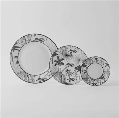 Service de table en céramique à feuilles de palmier tropicales, noir et blanc