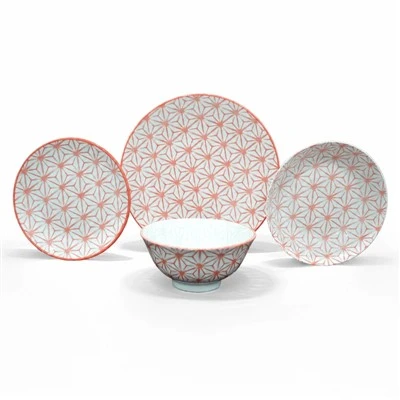 Ensemble de vaisselle en céramique, assiette de bol en porcelaine, vaisselle de style japonais, imprimé asanoha, céramique imprimée géométrique, ensemble de table de cuisine à domicile