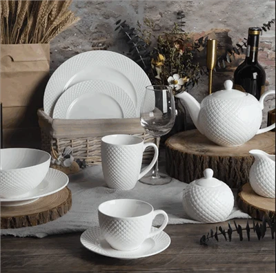 Ensemble de dîner en porcelaine diamant gaufré blanc de style européen